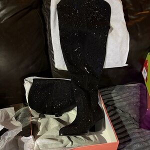 Black Sparkle Knee-High Boots - Women